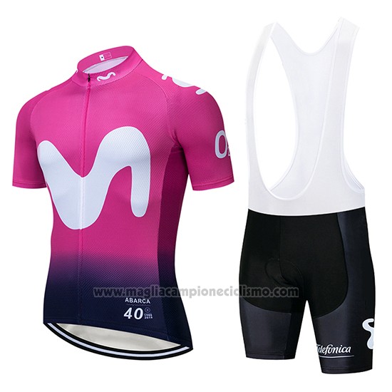 2019 Abbigliamento Ciclismo Movistar Nero Rosa Manica Corta e Salopette